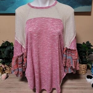 Hummingbird Boho Scarf Sleeve Knit Sweater Flared Oversized Small Hippie Flowy